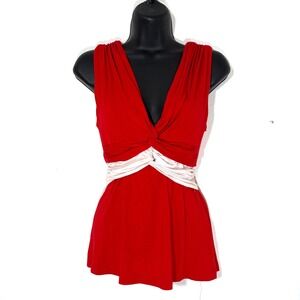 Y2K Bebe M Red Twisted V Neck Sleeveless Top with Sash Tie Waist